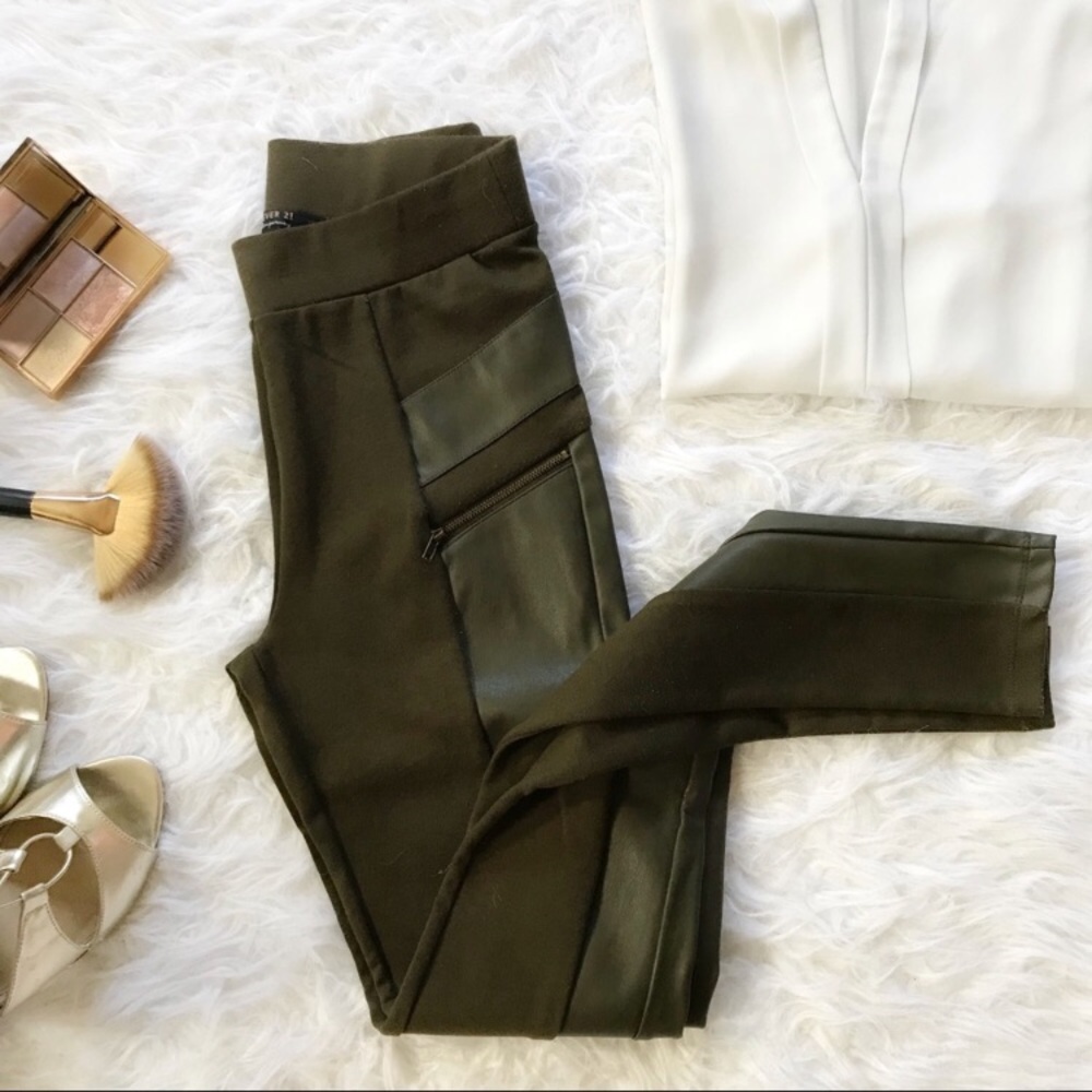 Forever 21 Olive Green Faux Leather Panel Pants